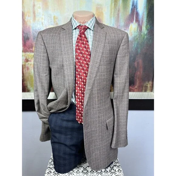 J Hilburn Mens Brown Glen Check Soft Wool Blazer 46L MSRP $1299